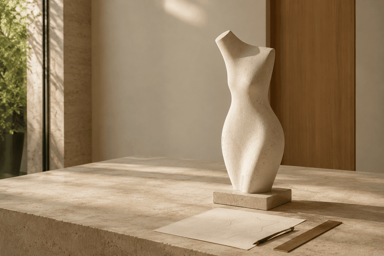 Escultura abstrata sobre mesa de pedra
