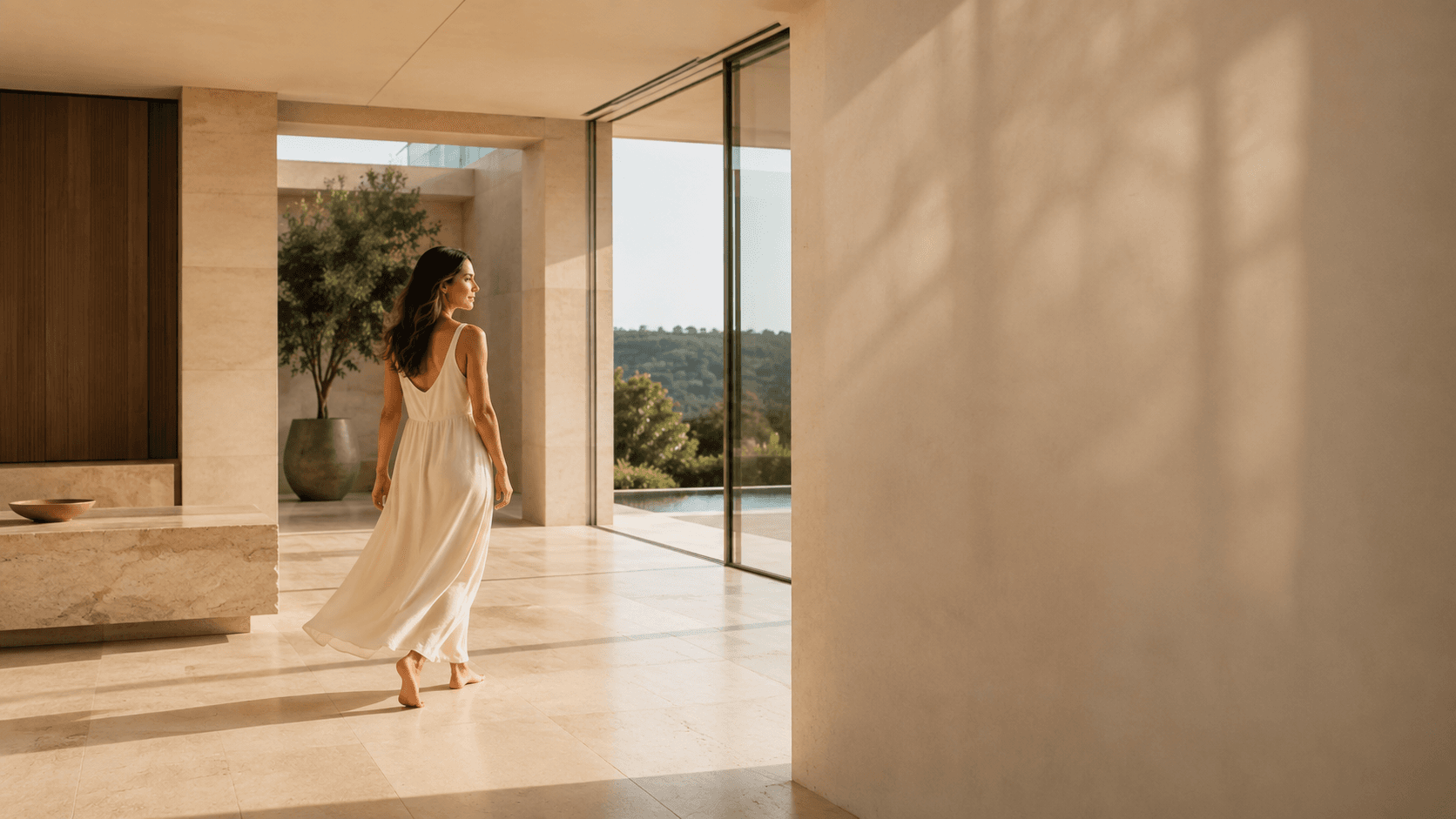 Mulher caminhando em ambiente contemporâneo