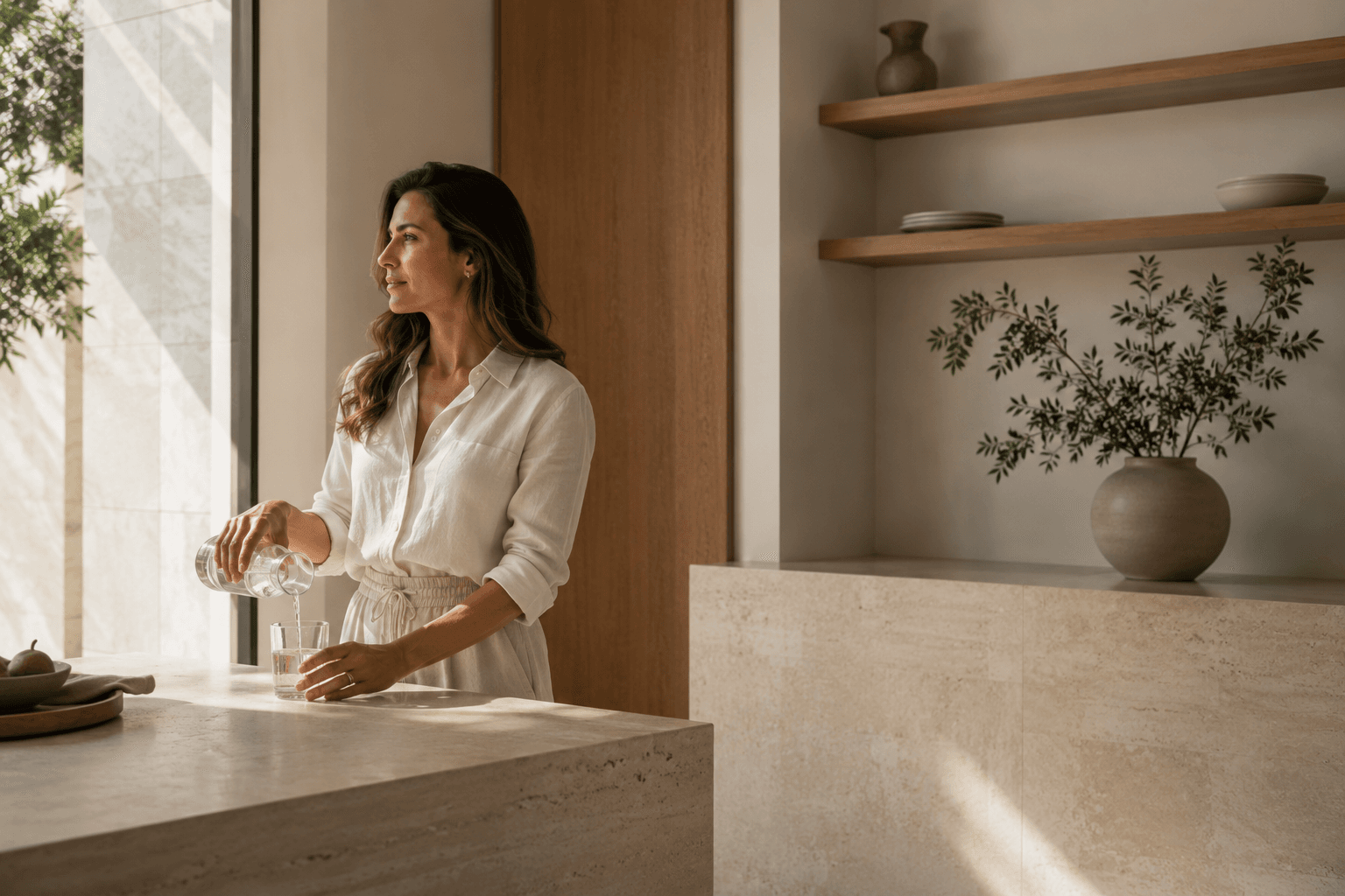 Mulher servindo água em um ambiente iluminado