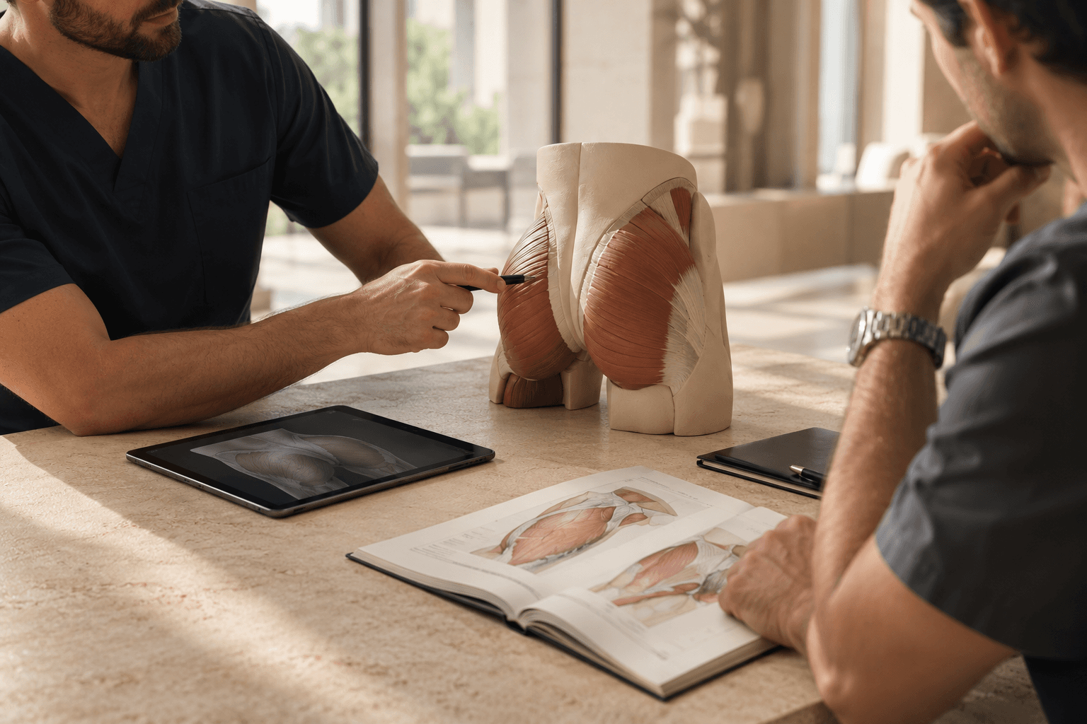 Médicos discutindo anatomia com modelo de ensino