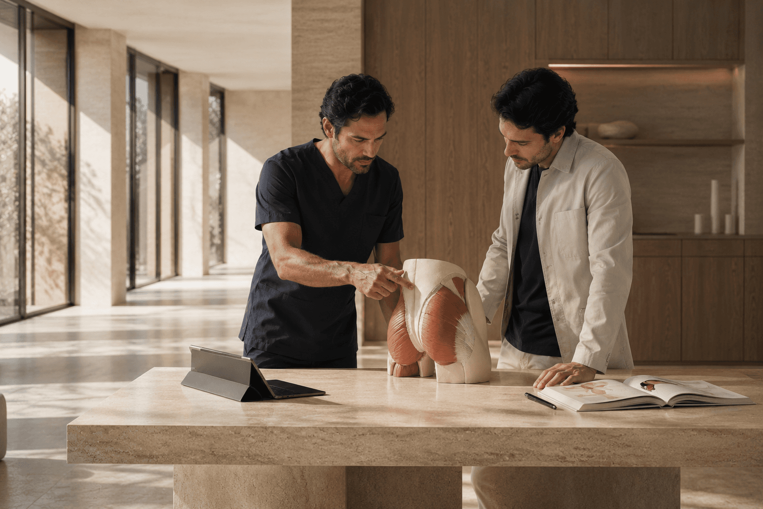 Médicos analisando modelo anatômico durante aperfeiçoamento